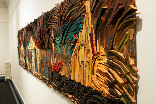 Michaela Haynes, Barns, (2014) ceramic, acrylic on wood , 3.2x0.8m