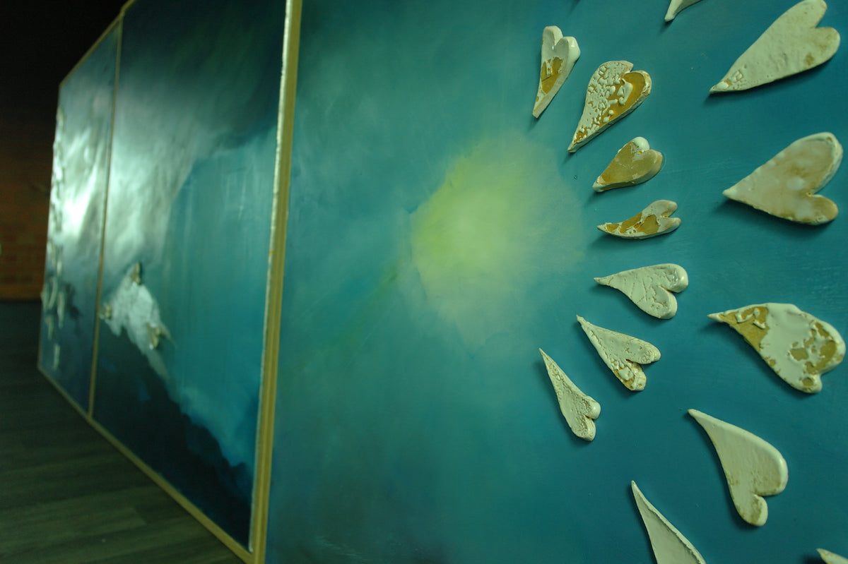 Michaela Haynes, Look Up Triptych2, (2025) mixed media on canvas, 100x100cm x 3