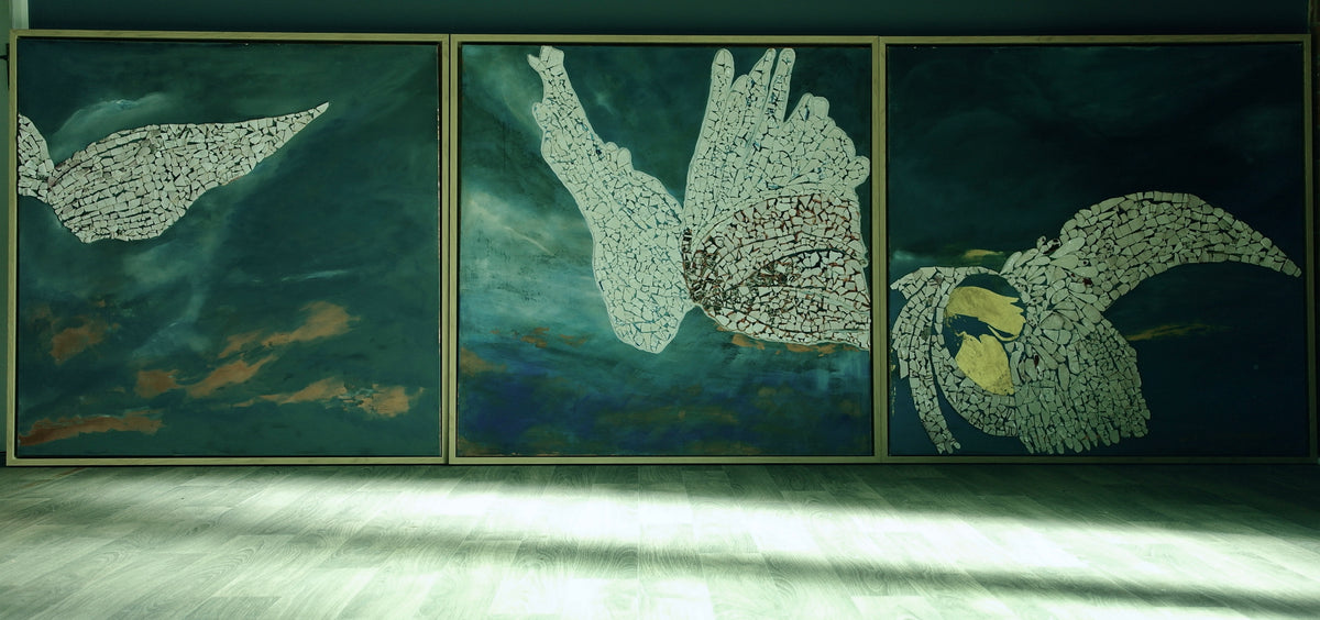 Michaela Haynes, Look Up Triptych1, (2025) mixed media on canvas, 110x110cm x 3