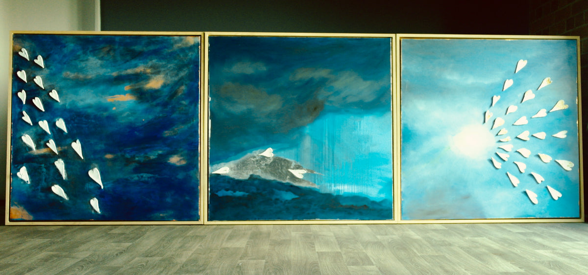 Michaela Haynes, Look Up Triptych2, (2025) mixed media on canvas, 100x100cm x 3